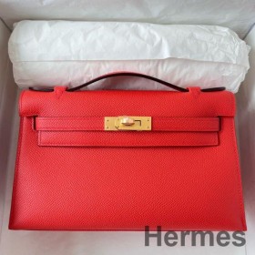 Hermes Kelly Pochette Handmade Bag In Rouge Piment Epsom Calfskin