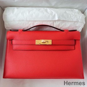 Hermes Kelly Pochette Handmade Bag In Rouge Piment Epsom Calfskin