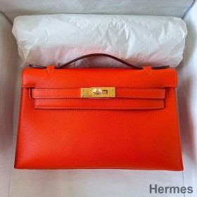 Hermes Kelly Pochette Handmade Bag In Rouge Piment Swift Calfskin