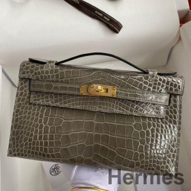 Hermes Kelly Pochette Handmade Bag In Taupe Shiny Alligator Leather