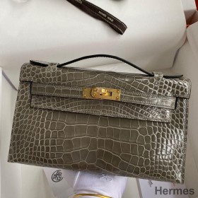 Hermes Kelly Pochette Handmade Bag In Taupe Shiny Alligator Leather