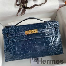 Hermes Kelly Pochette Handmade Bag In Vert Bosphore Shiny Alligator Leather