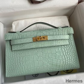 Hermes Kelly Pochette Handmade Bag In Vert D'eau Matte Alligator Leather