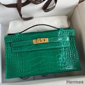 Hermes Kelly Pochette Handmade Bag In Vert Emerald Shiny Alligator Leather