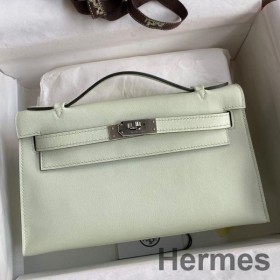 Hermes Kelly Pochette Handmade Bag In Vert Fizz Swift Calfskin