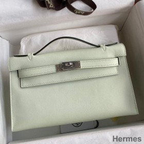 Hermes Kelly Pochette Handmade Bag In Vert Fizz Swift Calfskin