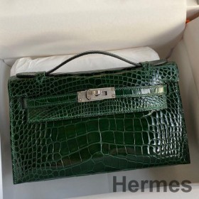 Hermes Kelly Pochette Handmade Bag In Vert Fonce Shiny Alligator Leather
