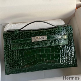 Hermes Kelly Pochette Handmade Bag In Vert Fonce Shiny Alligator Leather