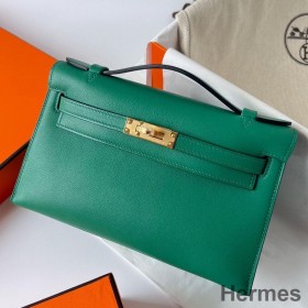 Hermes Kelly Pochette Handmade Bag In Vert Vertigo Swift Calfskin