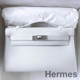 Hermes Kelly Pochette Handmade Bag In White Swift Calfskin