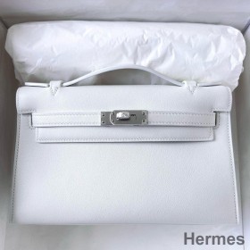 Hermes Kelly Pochette Handmade Bag In White Swift Calfskin