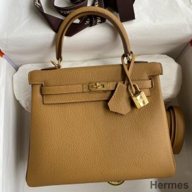 Hermes Kelly Retourne 25 Handmade Bag In Biscuit Clemence Leather