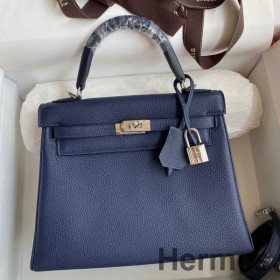 Hermes Kelly Retourne 25 Handmade Bag In Blue Saphir Clemence Leather