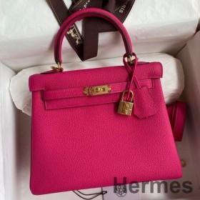 Hermes Kelly Retourne 25 Handmade Bag In Framboise Clemence Leather