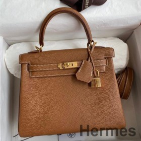 Hermes Kelly Retourne 25 Handmade Bag In Gold Clemence Leather