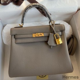 Hermes Kelly Retourne 25 Handmade Bag In Gris Meyer Clemence Leather