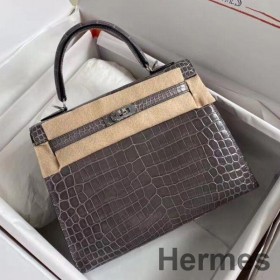 Hermes Kelly Retourne 25 Handmade Bag In Taupe Crocodile Niloticus Shiny Skin