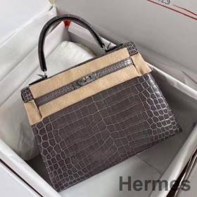 Hermes Kelly Retourne 25 Handmade Bag In Taupe Crocodile Niloticus Shiny Skin