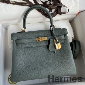Hermes Kelly Retourne 25 Handmade Bag In Vert Amande Clemence Leather