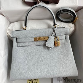 Hermes Kelly Retourne 28 Handmade Bag In Blue Glacier Clemence Leather