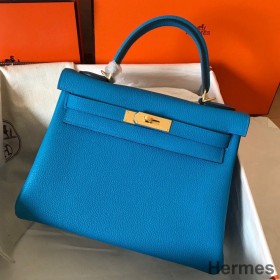 Hermes Kelly Retourne 28 Handmade Bag In Blue Zanzibar Clemence Leather