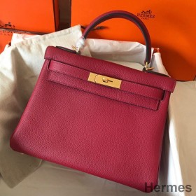 Hermes Kelly Retourne 28 Handmade Bag In Ruby Clemence Leather