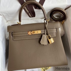 Hermes Kelly Retourne 28 Handmade Bag In Taupe Clemence Leather