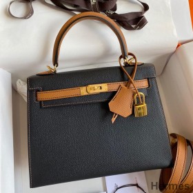 Hermes Kelly Sellier 25 Bicolor Bag in Black and Gold Epsom Calfskin