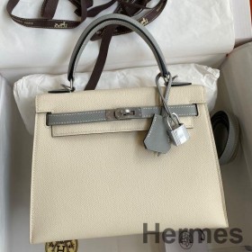 Hermes Kelly Sellier 25 Bicolor Bag in Craie and Gris Mouette Epsom Calfskin