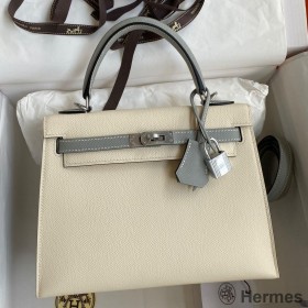 Hermes Kelly Sellier 25 Bicolor Bag in Craie and Gris Mouette Epsom Calfskin
