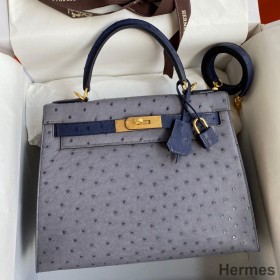 Hermes Kelly Sellier 25 Bicolor Bag in Gris Agate and Blue Ostrich Leather