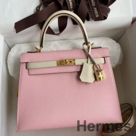 Hermes Kelly Sellier 25 Bicolor Bag in Rose Sakura and Craie Epsom Calfskin