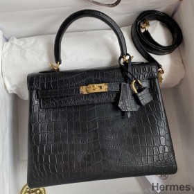 Hermes Kelly Sellier 25 Handmade Bag In Black Crocodile Niloticus Matte Skin