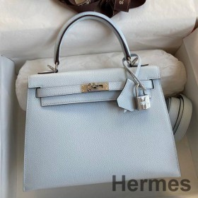 Hermes Kelly Sellier 25 Handmade Bag In Blue Brume Epsom Calfskin