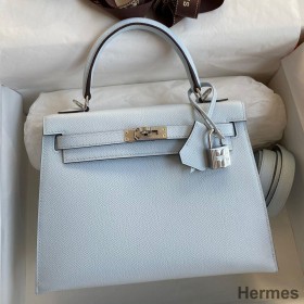 Hermes Kelly Sellier 25 Handmade Bag In Blue Brume Epsom Calfskin