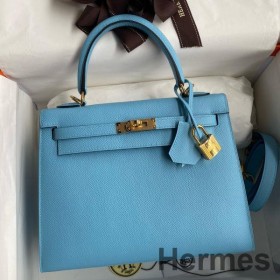 Hermes Kelly Sellier 25 Handmade Bag In Blue Candy Epsom Calfskin