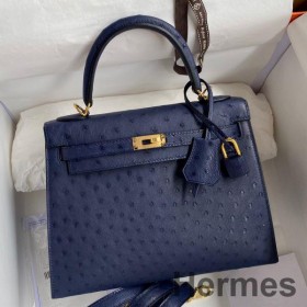 Hermes Kelly Sellier 25 Handmade Bag In Blue Iris Ostrich Leather