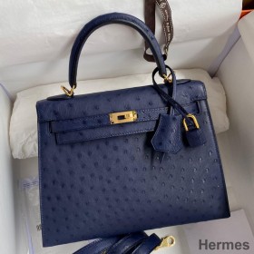 Hermes Kelly Sellier 25 Handmade Bag In Blue Iris Ostrich Leather