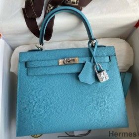 Hermes Kelly Sellier 25 Handmade Bag In Blue du Nord Epsom Calfskin
