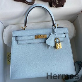 Hermes Kelly Sellier 25 Handmade Bag In Celeste Epsom Calfskin