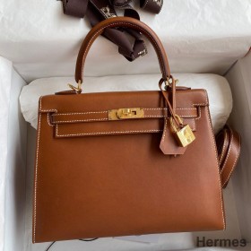 Hermes Kelly Sellier 25 Handmade Bag In Gold Barenia Calfskin
