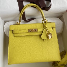 Hermes Kelly Sellier 25 Handmade Bag In Lime Epsom Calfskin