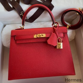 Hermes Kelly Sellier 25 Handmade Bag In Red Epsom Calfskin