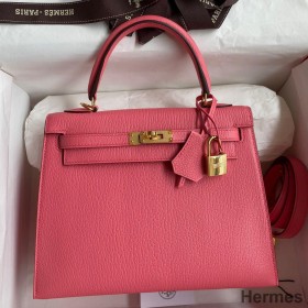 Hermes Kelly Sellier 25 Handmade Bag In Rose Lipstick Mysore Goatskin