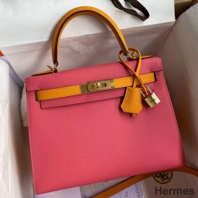 Hermes Kelly Sellier 28 Bicolor Bag in Rose Lipstick and Yellow Epsom Calfskin