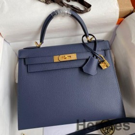 Hermes Kelly Sellier 28 Handmade Bag In Blue Saphir Epsom Calfskin