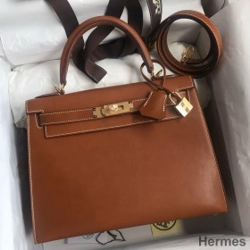 Hermes Kelly Sellier 28 Handmade Bag In Gold Barenia Calfskin