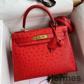 Hermes Kelly Sellier 28 Handmade Bag In Red Ostrich Leather