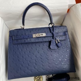 Hermes Kelly Sellier 32 Handmade Bag In Blue Iris Ostrich Leather