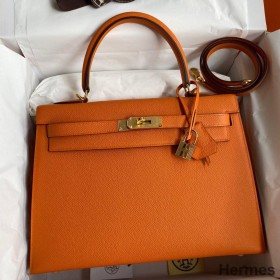 Hermes Kelly Sellier 32 Handmade Bag In Orange Epsom Calfskin